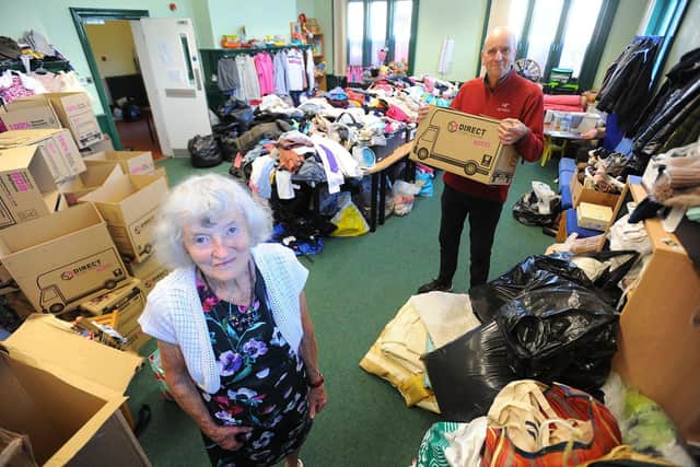 Margaret Gregg and David Smith with Items that have been donated to STARCH (South Tyneside Asylum Refugees Church Help) to send to Ukraine. Picture by FRANK REID.