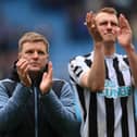 MANCHESTER, ENGLAND - MARCH 04: Eddie Howe, Manager of Newcastle United, applauds fans following the Premier League match between Manchester City and Newcastle United at Etihad Stadium on March 04, 2023 in Manchester, England. (Photo by Laurence Griffiths/Getty Images)