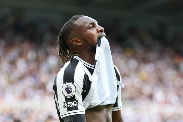 Allan Saint-Maximin of Newcastle United reacts after a missed shot during the Premier League match between Newcastle United and Manchester City at St. James Park on August 21, 2022 in Newcastle upon Tyne, England. (Photo by Clive Brunskill/Getty Images)