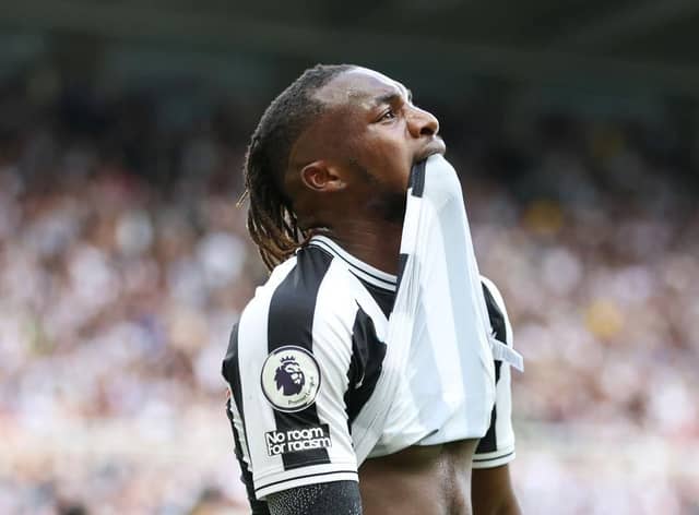 Allan Saint-Maximin of Newcastle United reacts after a missed shot during the Premier League match between Newcastle United and Manchester City at St. James Park on August 21, 2022 in Newcastle upon Tyne, England. (Photo by Clive Brunskill/Getty Images)