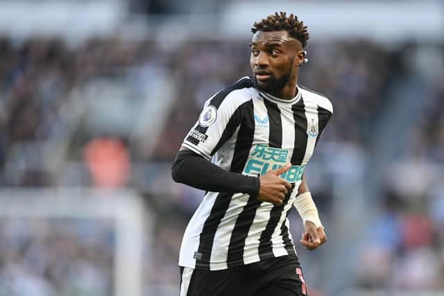 Allan Saint-Maximin of Newcastle in action during the Premier League match between Newcastle United and Manchester United at St. James Park on April 02, 2023 in Newcastle upon Tyne, England. (Photo by Michael Regan/Getty Images)