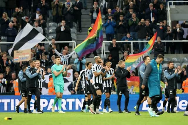 Newcastle United head coach Eddie Howe and his players after the Aston Villa win on Saturday.