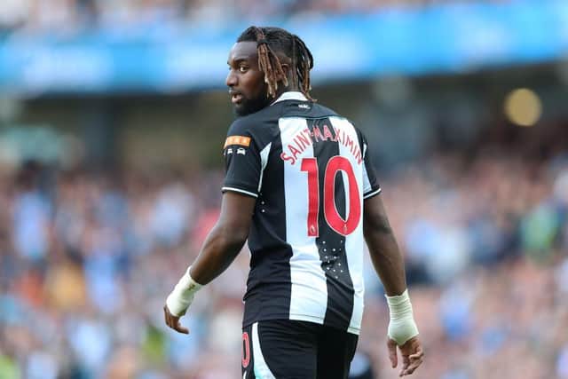 Allan Saint-Maximin of Newcastle United looks on during the Premier League match between Manchester City and Newcastle United at Etihad Stadium on May 08, 2022 in Manchester, England. (Photo by Alex Livesey/Getty Images)