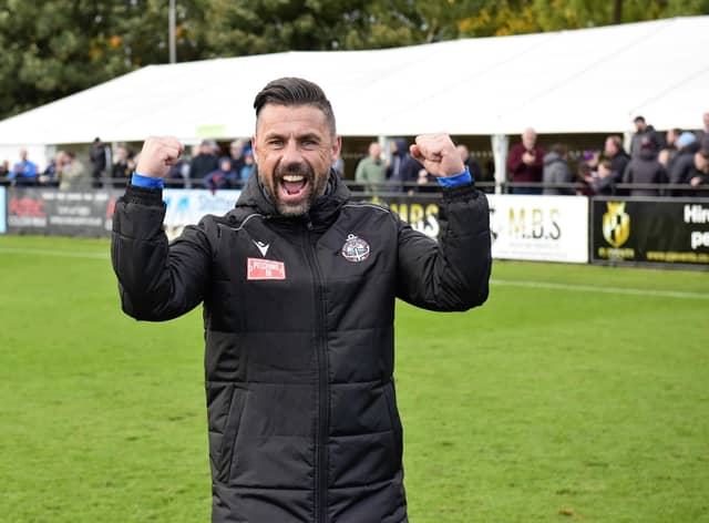 South Shields manager Kevin Phillips celebrates after his side knocked-out Scunthorpe Town in the FA Cup