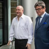 LONDON, ENGLAND - JULY 10:  Owner of Sports Direct and Newcastle United, Mike Ashley (L), arrives at the High Court on July 10, 2017 in London, England. Mr Ashley is defending himself against a lawsuit filed by former business associate Jeff Blue.  (Photo by Carl Court/Getty Images)