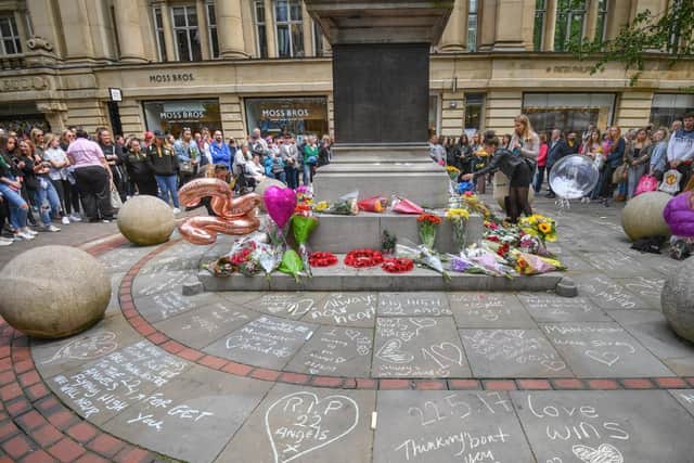 Flowers and memorials were laid to mark the anniversary of the bombing in Manchester in May 2017.