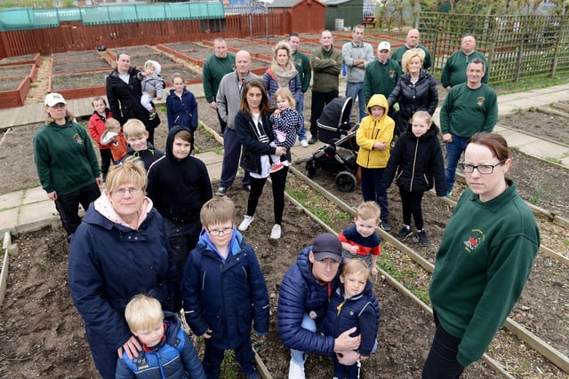 Green Hope Allotment in 2019. Lining up for a photo were development manager Louise Peaker (right) with volunteers and families.
