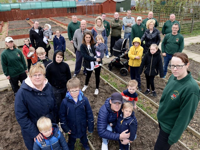 Green Hope Allotment in 2019. Lining up for a photo were development manager Louise Peaker (right) with volunteers and families.