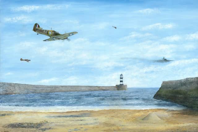 Squadron Leader Fl Lt Francis William Blackadder from No. 607 (County of Durham) Squadron based at Usworth shooting down a German Heinkel 111 bomber over Seaham Harbour.
