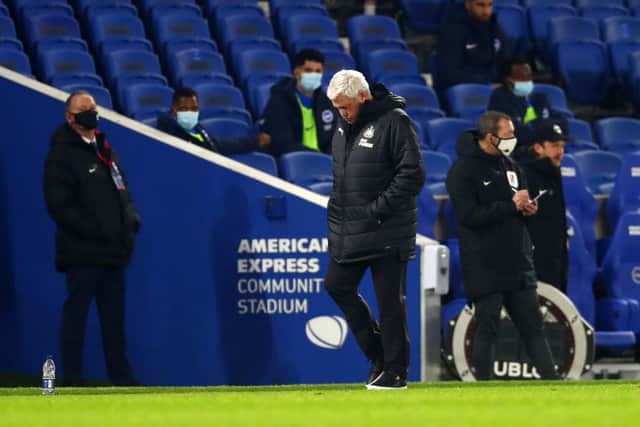 Steve Bruce, head coach of Newcastle United, looks dejected during the Premier League match between Brighton & Hove Albion and Newcastle United at American Express Community Stadium.