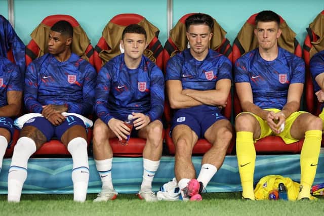 Newcastle United's Kieran Trippier, second left, and Nick Pope, far right, before England's World Cup quarter-final against France in Qatar on Saturday.