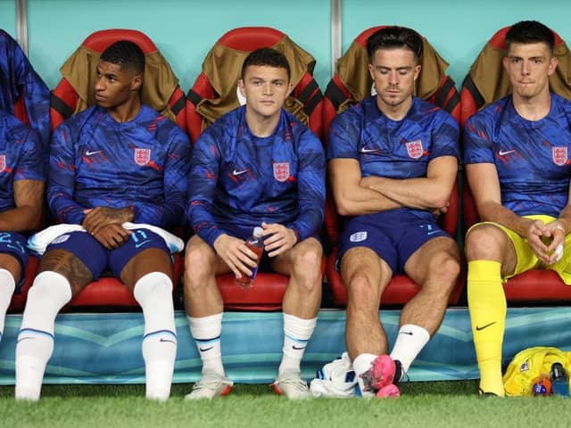 Newcastle United's Kieran Trippier, second left, and Nick Pope, far right, before England's World Cup quarter-final against France in Qatar on Saturday.