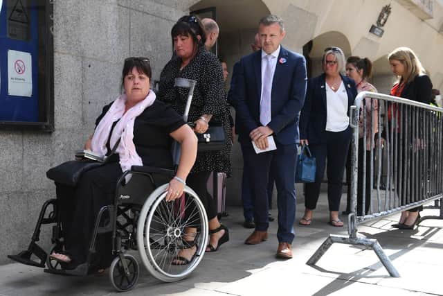 The families of Chloe Rutherford and Liam Curry leave the Old Bailey in London after Hashem Abedi's sentencing. Picture: PA.