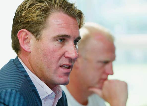 BECKENHAM, UNITED KINGDOM - AUGUST 02: Chairman of Crystal Palace FC, Simon Jordan and manager Iain Dowie talk to the media as Andy Johnson announces he will stay with Crystal Palace after relegation to the Coca-Cola Championship, on August 2, 2005 at the Palace training ground in Beckenham, England. (Photo by Julian Finney/Getty Images)