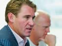 BECKENHAM, UNITED KINGDOM - AUGUST 02:  Chairman of Crystal Palace FC, Simon Jordan and manager Iain Dowie talk to the media as Andy Johnson announces he will stay with Crystal Palace after relegation to the Coca-Cola Championship, on August 2, 2005 at the Palace training ground in Beckenham, England.  (Photo by Julian Finney/Getty Images)