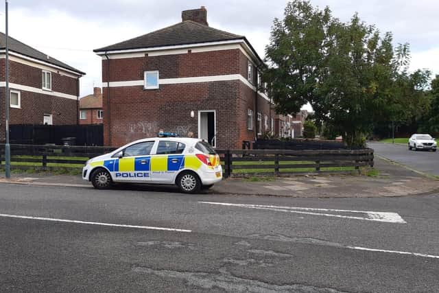 A police car in Brownlow Road, South Shields. Five people have been arrested after a gun was fired at an address on the road.