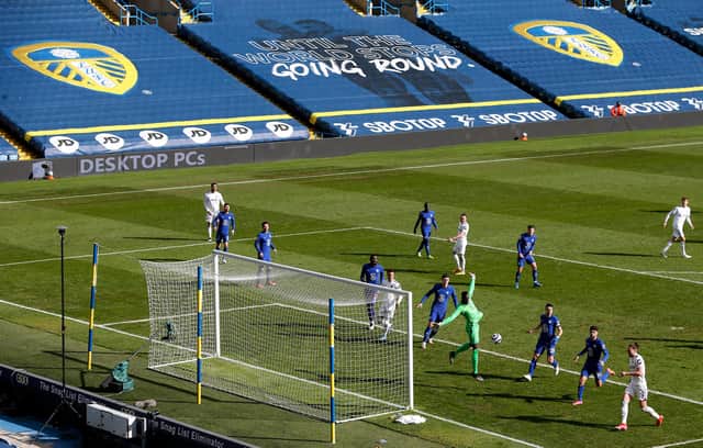 General view inside the stadium as Edouard Mendy of Chelsea makes a save during the Premier League match between Leeds United and Chelsea at Elland Road.