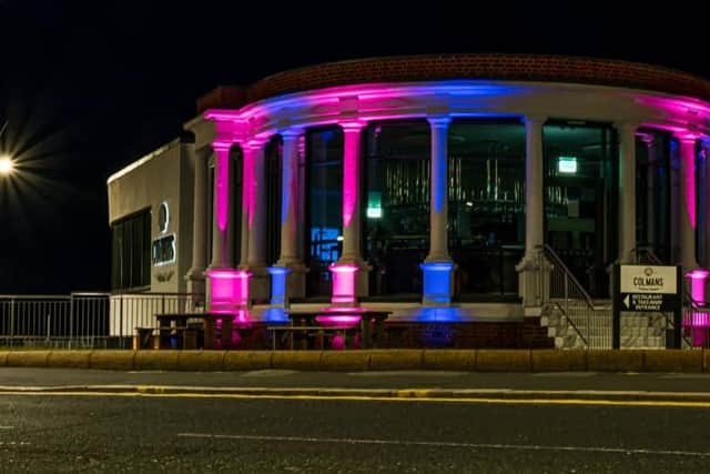 Colmans Seafood Temple lit up in the colours of pink and blue in memory of South Shields couple Chloe and Liam.
Photo by Steven Lomas.