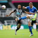 Callum Wilson of Newcastle United is challenged by Adam Webster of Brighton and Hove Albion  (Photo by Alex Pantling/Getty Images)