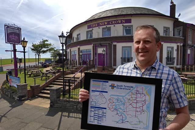 Steve Lovell with his South Tyneside pub map in a photoshopped image outside the New Crown, in South Shields.