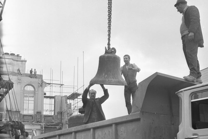 The last of the four bells which for  81 years measured time for the people of Sunderland. It was lowered from the clock tower of the old Town Hall in Fawcett Street in February 1971.