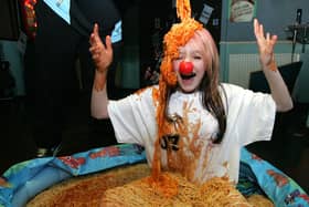 Shannon Handiside sat in a pool of spaghetti to raise money in 2007.