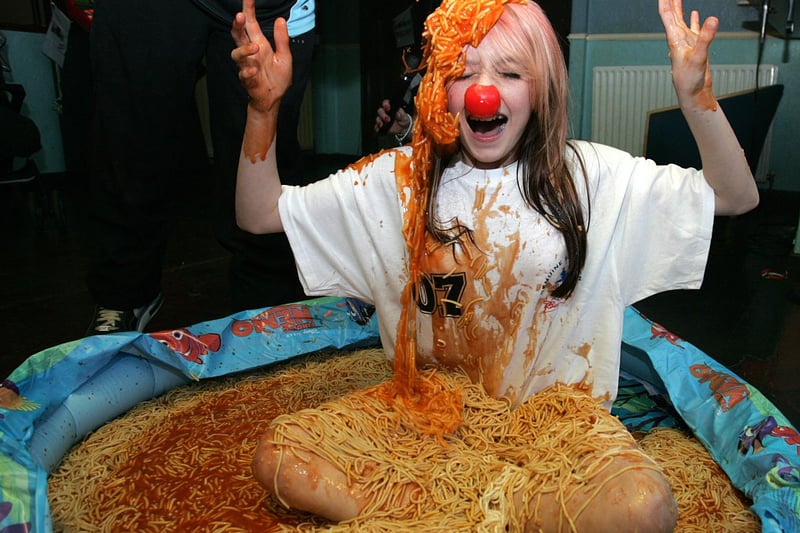 Shannon Handiside sat in a pool of spaghetti to raise money in 2007.