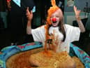 Shannon Handiside sat in a pool of spaghetti to raise money in 2007.