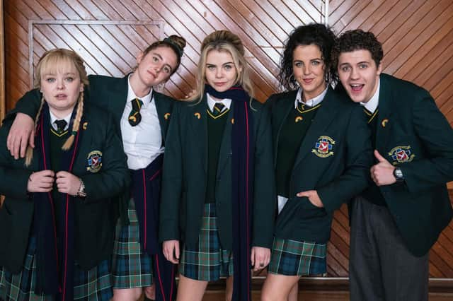 (L-R) Clare Devlin (Nicola Coughlan), Orla Mccool (Louis Clare Harland) Erin Quinn (Saoirse Monica Jackson), Michelle Mallon (Jamie-Lee O'Donnell), James Maguire (Dylan Llewellyn)