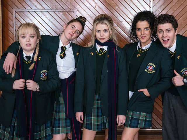 (L-R) Clare Devlin (Nicola Coughlan), Orla Mccool (Louis Clare Harland) Erin Quinn (Saoirse Monica Jackson), Michelle Mallon (Jamie-Lee O'Donnell), James Maguire (Dylan Llewellyn)