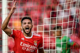 Benfica's Portuguese forward Goncalo Ramos celebrates scoring his team's third goal during the Portuguese League football match between SL Benfica and CS Maritimo Funchal at the Luz stadium in Lisbon on September 18, 2022. (Photo by PATRICIA DE MELO MOREIRA / AFP) (Photo by PATRICIA DE MELO MOREIRA/AFP via Getty Images)