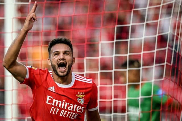 Benfica's Portuguese forward Goncalo Ramos celebrates scoring his team's third goal during the Portuguese League football match between SL Benfica and CS Maritimo Funchal at the Luz stadium in Lisbon on September 18, 2022. (Photo by PATRICIA DE MELO MOREIRA / AFP) (Photo by PATRICIA DE MELO MOREIRA/AFP via Getty Images)