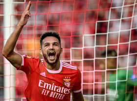 Benfica's Portuguese forward Goncalo Ramos celebrates scoring his team's third goal during the Portuguese League football match between SL Benfica and CS Maritimo Funchal at the Luz stadium in Lisbon on September 18, 2022. (Photo by PATRICIA DE MELO MOREIRA / AFP) (Photo by PATRICIA DE MELO MOREIRA/AFP via Getty Images)