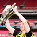 Hebburn Town's Michael Richardson celebrates with lifting the Buildbase FA Vase 2019/20 Trophy after victory in the Final at Wembley Stadium, London. PA picture.