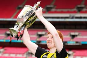 Hebburn Town's Michael Richardson celebrates with lifting the Buildbase FA Vase 2019/20 Trophy after victory in the Final at Wembley Stadium, London. PA picture.