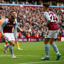 BIRMINGHAM, ENGLAND - MARCH 05: Douglas Luiz celebrates with Philippe Coutinho of Aston Villa after scoring their team's second goal during the Premier League match between Aston Villa and Southampton at Villa Park on March 05, 2022 in Birmingham, England. (Photo by Marc Atkins/Getty Images)