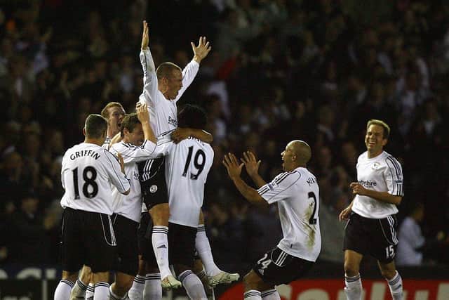 Kenny Miller of Derby County celebrates after scoring his teams first goal against Newcastle United at Pride Park on September 17, 2007.  (Photo by Ryan Pierse/Getty Images).