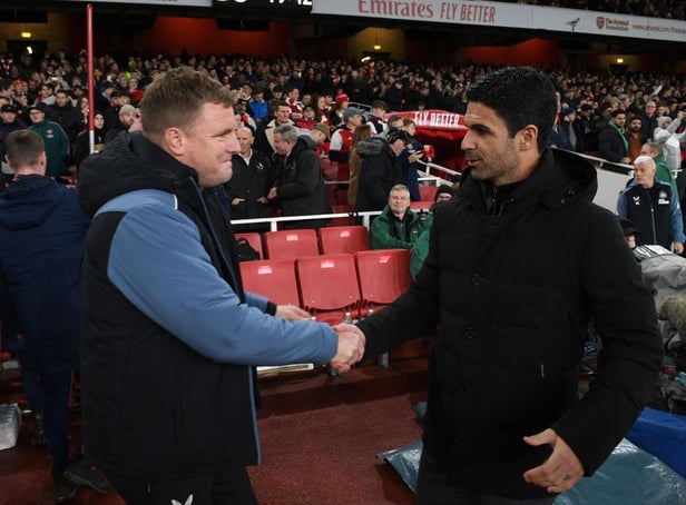 Newcastle United head coach Eddie Howe and Arsenal manager Mikel Arteta shake hands before Tuesday night's game.