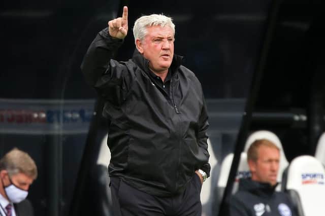 Newcastle United's English head coach Steve Bruce gestures on the touchline during the English Premier League football match between Newcastle United and Brighton and Hove Albion at St James' Park in Newcastle upon Tyne, north-east England on September 20, 2020.