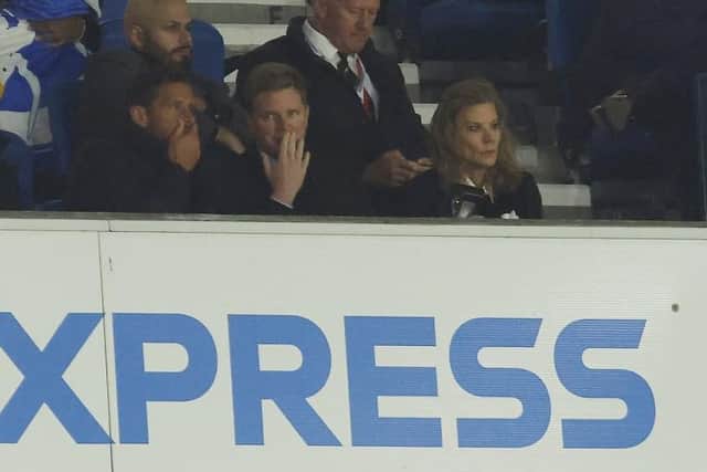 Newcastle United head coach Eddie Howe with assistant Jason Tindall, left, and co-owner Amanda Staveley at the Amex Stadium last season.