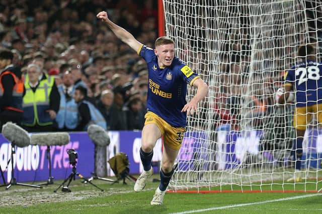 Newcastle United's Elliot Anderson celebrates scoring a goal which was disallowed following a VAR check.