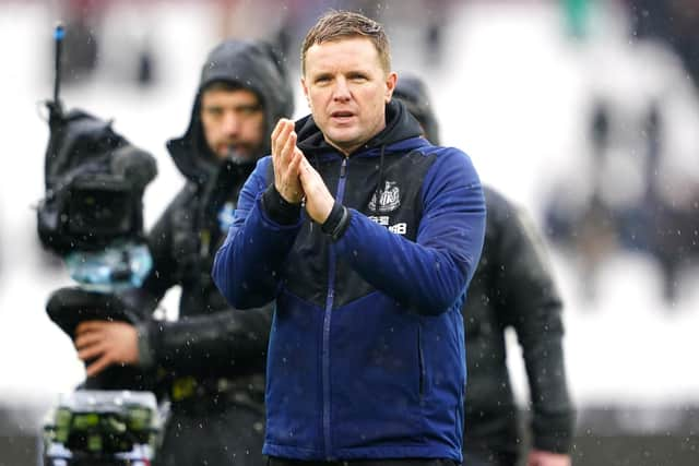 Newcastle United head coach Eddie Howe applauds fans at the London Stadium on Saturday.