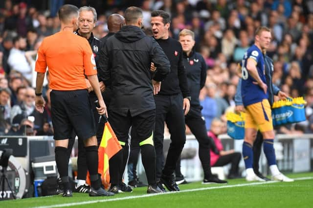 Marco Silva, Head Coach of Fulham interacts with match officials during the Premier League match between Fulham FC and Newcastle United at Craven Cottage on October 01, 2022 in London, England. (Photo by Tom Dulat/Getty Images)