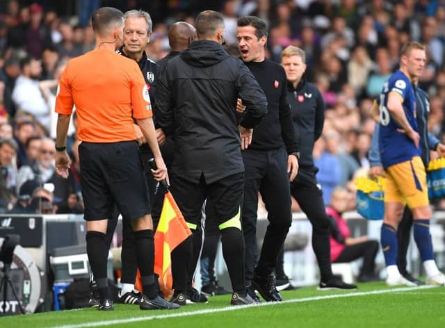 Marco Silva, Head Coach of Fulham interacts with match officials during the Premier League match between Fulham FC and Newcastle United at Craven Cottage on October 01, 2022 in London, England. (Photo by Tom Dulat/Getty Images)