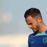 DOHA, QATAR - NOVEMBER 26: James Maddison of England in action during the England Training Session at Al Wakrah Stadium on November 26, 2022 in Doha, Qatar. (Photo by Alex Pantling/Getty Images)