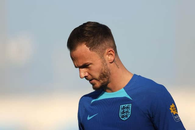 DOHA, QATAR - NOVEMBER 26: James Maddison of England in action during the England Training Session at Al Wakrah Stadium on November 26, 2022 in Doha, Qatar. (Photo by Alex Pantling/Getty Images)