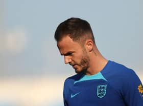 DOHA, QATAR - NOVEMBER 26: James Maddison of England in action during the England Training Session at Al Wakrah Stadium on November 26, 2022 in Doha, Qatar. (Photo by Alex Pantling/Getty Images)