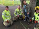 Fiona Reid and her cocker spaniel, Baxter, pictured alongside three firefighters from South Shields Community Fire Station.
L-R (pictured): Firefighter Aaron Donnison, Crew Manager Christopher Davison, and Firefighter Steven Godwin.