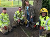 Fiona Reid and her cocker spaniel, Baxter, pictured alongside three firefighters from South Shields Community Fire Station.
L-R (pictured): Firefighter Aaron Donnison, Crew Manager Christopher Davison, and Firefighter Steven Godwin.