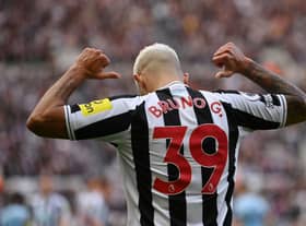Bruno Guimaraes celebrates after scoring Newcastle United's third goal.